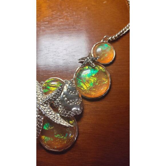 Faux Iridescent Opal Gold Starfish Acents Statement Necklace - Picture 4 of 5